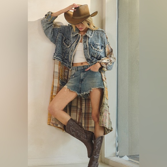 Oli & Hali The Rodeo Poet Jacket | Denim Patchwork Longline Shirt Coat - Picture 10 of 12